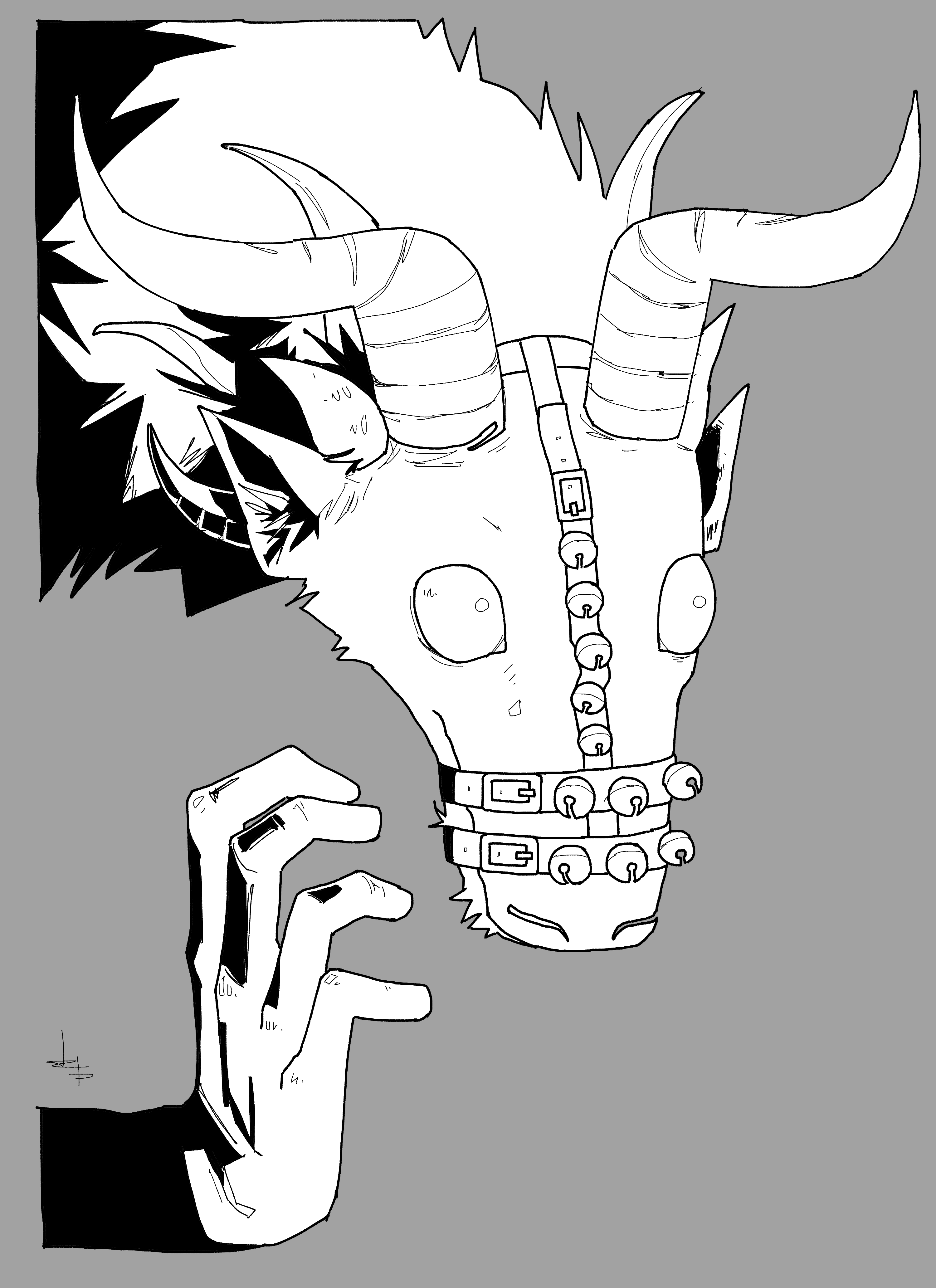 a black and white portrait of krampus wearing a muzzle covered in sleigh bells. his hand
	  is reaching up towards his face.